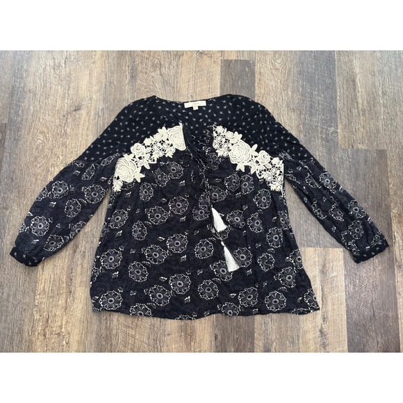 LOFT Tops - LOFT Ann Taylor Navy Floral Crochet Lace Tassel Tie Blouse Top Small